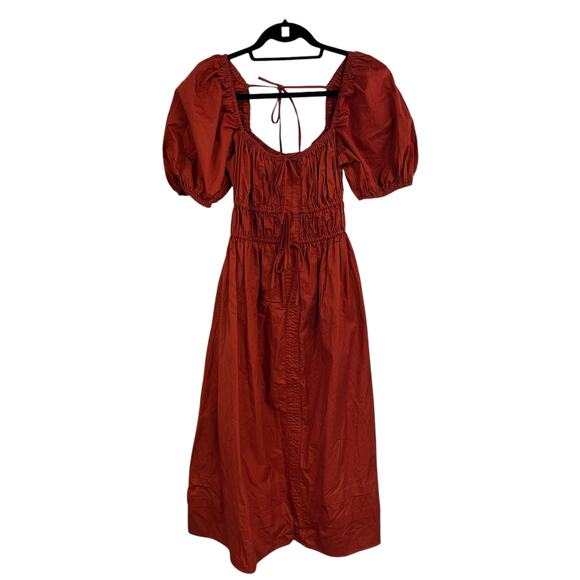 En Saison Cognac Sveta Puff Sleeve Tie Front Cotton Midi Dress Womens XS - Picture 2 of 8